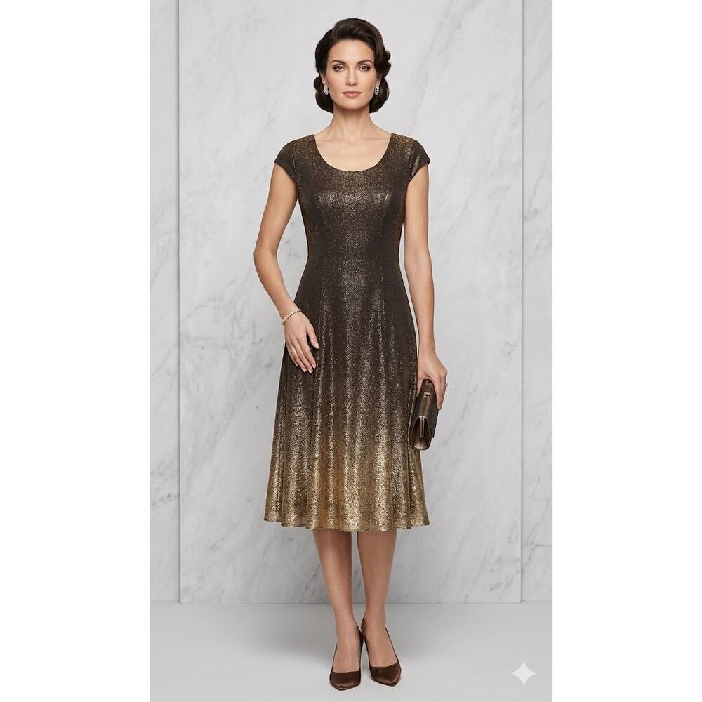 Molly Malloy Evening Petites Bronze Metallic Shimmer Cap Sleeve Midi Dress Small